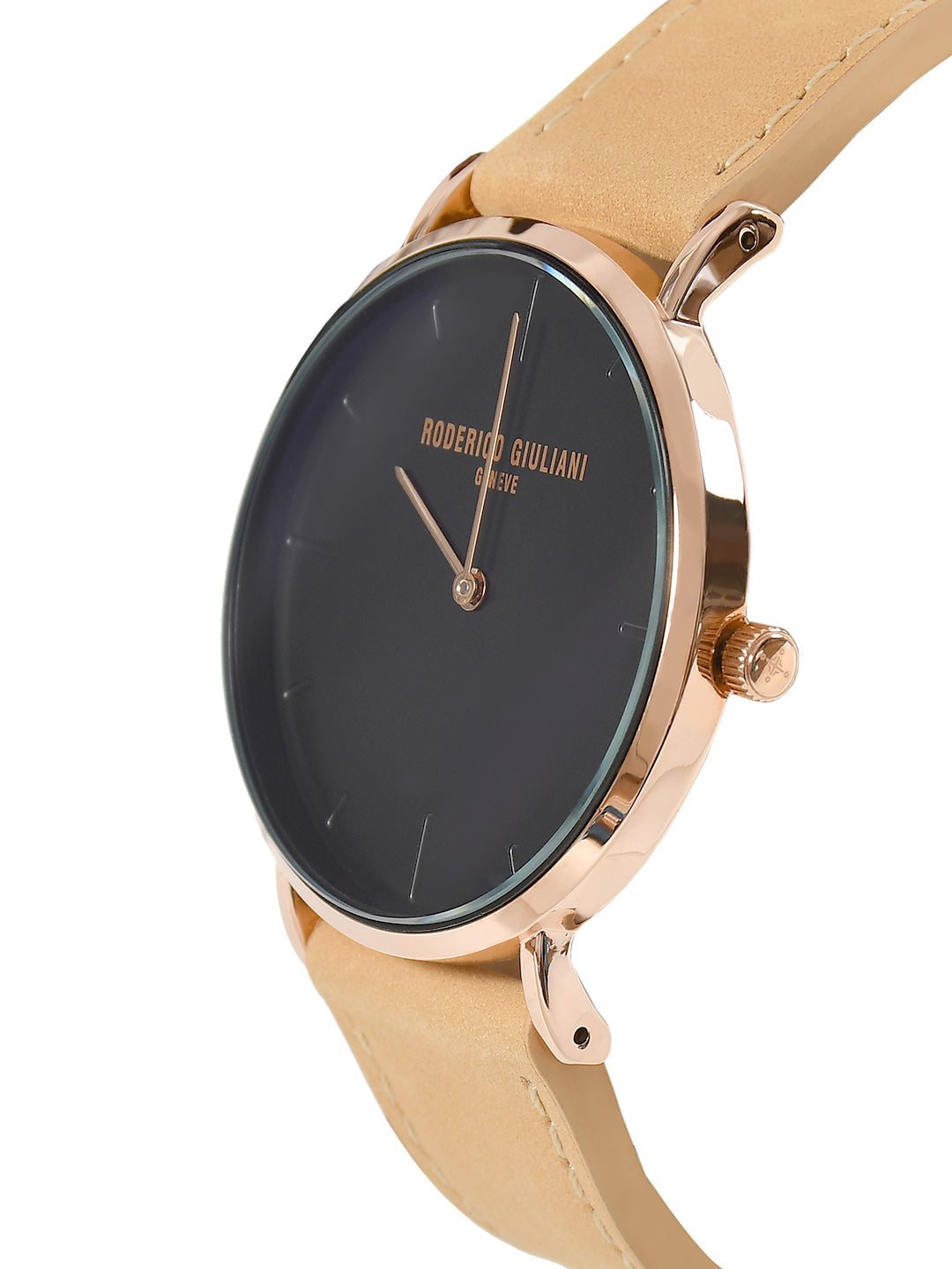 Black Dial Rose Gold Case Camel Suede Leather Strap Men's Analog Watch