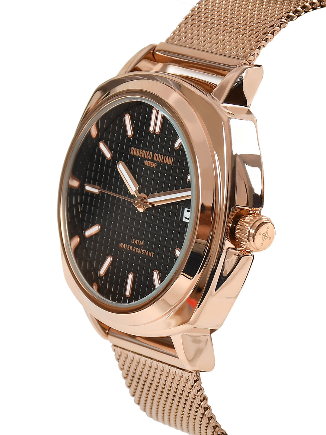 Black Dial Rose Gold Mesh Strap Men's Analog Watch