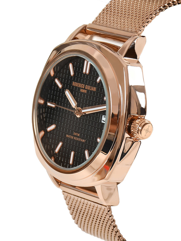 Black Dial Rose Gold Mesh Strap Men's Analog Watch