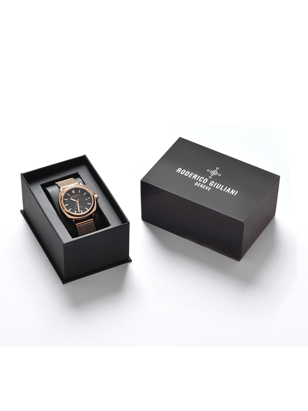 Black Dial Rose Gold Mesh Strap Men's Analog Watch