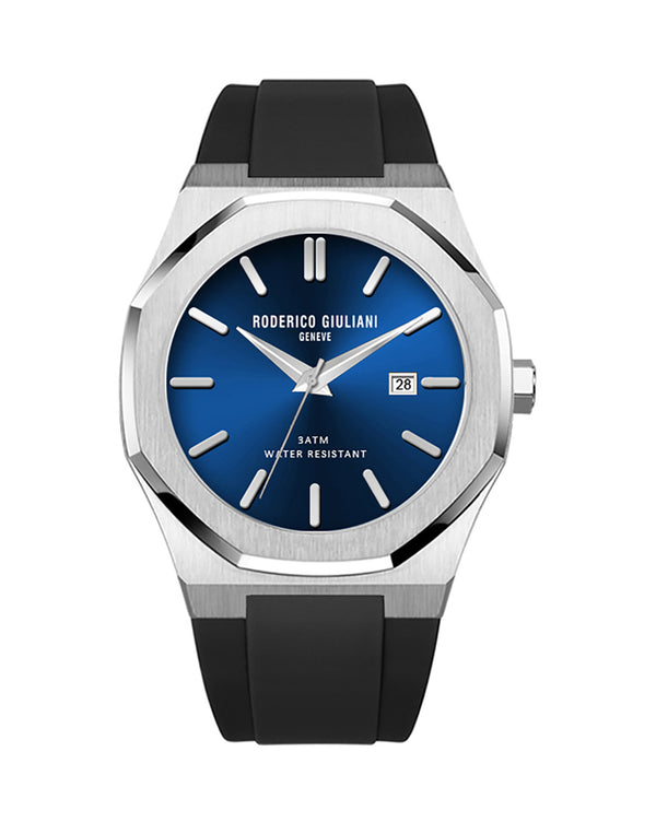 Blue Dial Silver Case Black Silicone Strap Men's Analog Watch