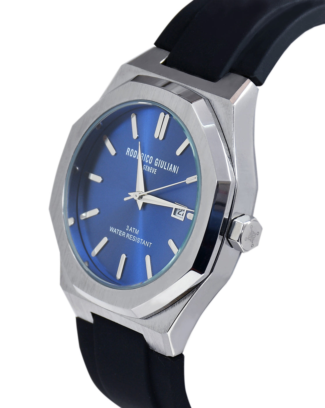 Blue Dial Silver Case Black Silicone Strap Men's Analog Watch