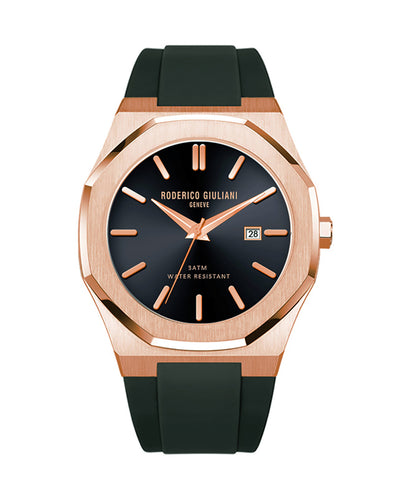 Black Dial Rose Gold Case Black Silicone Strap Men's Analog Watch