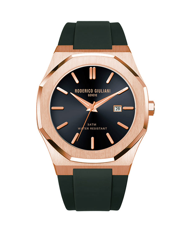 Black Dial Rose Gold Case Black Silicone Strap Men's Analog Watch