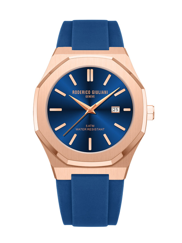 Blue Dial Rose Gold Case Blue Silicone Strap Men's Analog Watch