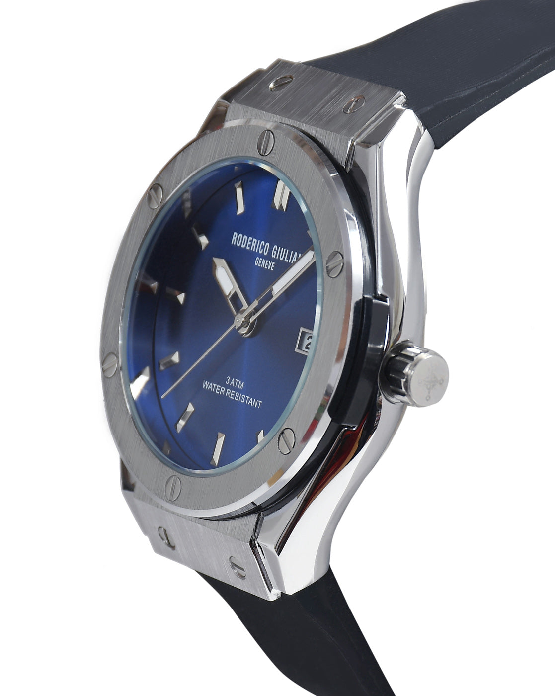 Blue Dial Silver Case Black Silicone Strap Men's Analog Watch