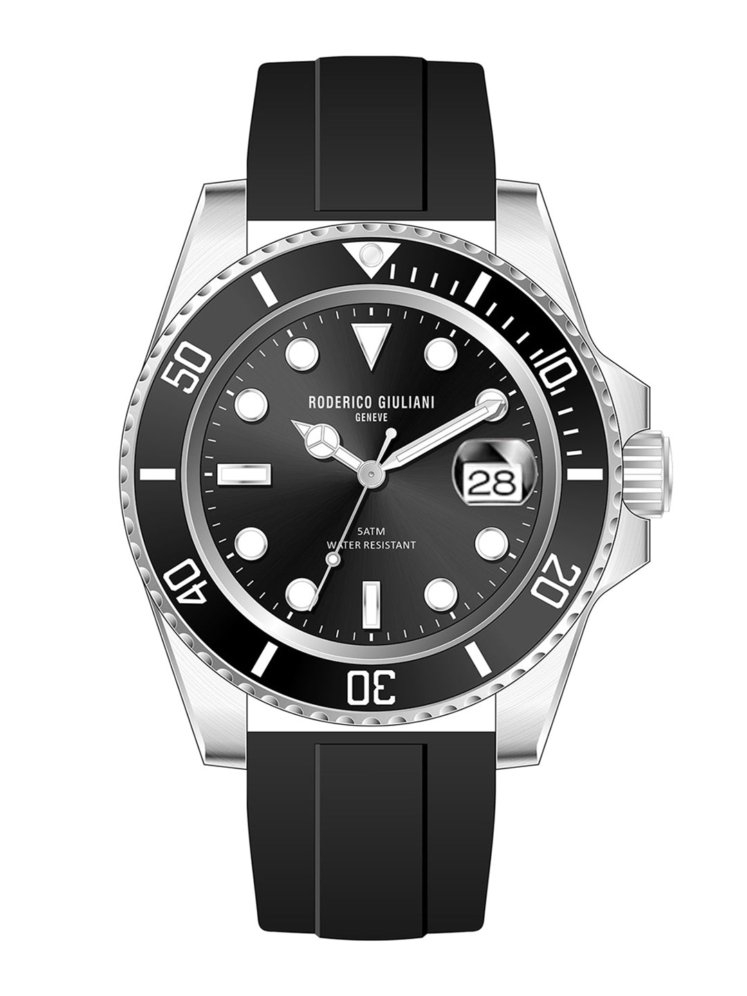Black Dial Black Bezel Silver Case Silicone Strap Men's Analog Watch