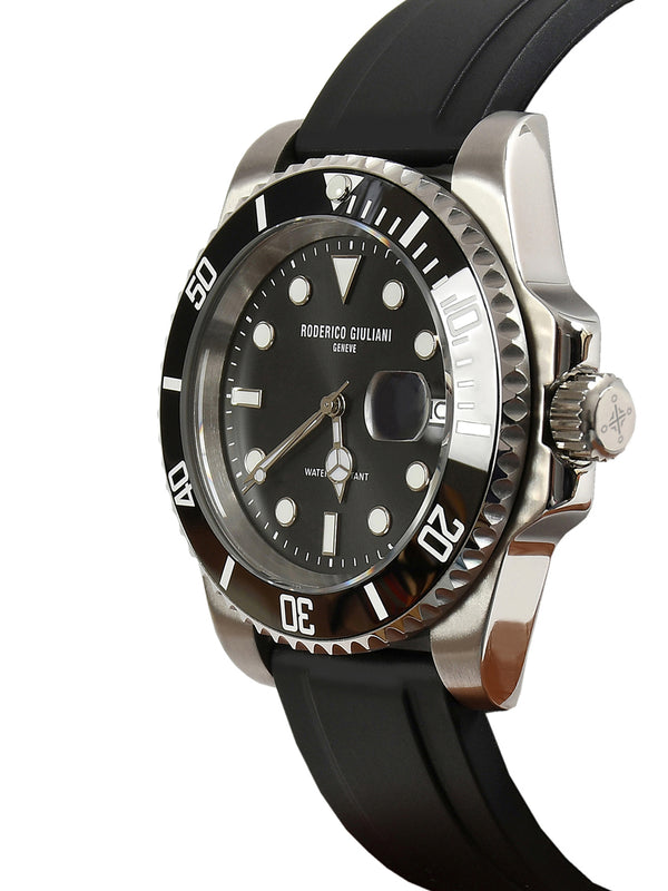 Black Dial Black Bezel Silver Case Silicone Strap Men's Analog Watch