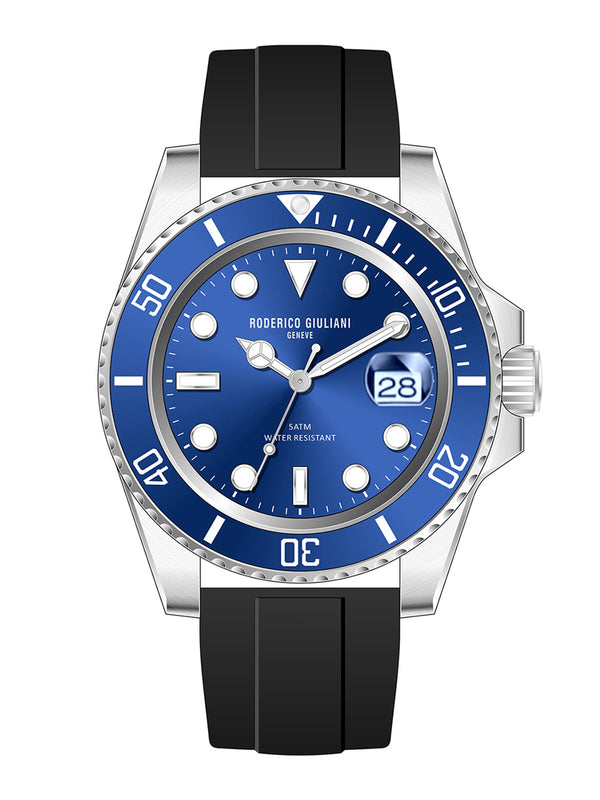 Blue Dial Blue Bezel Silver Case Silicone Strap Men's Analog Watch
