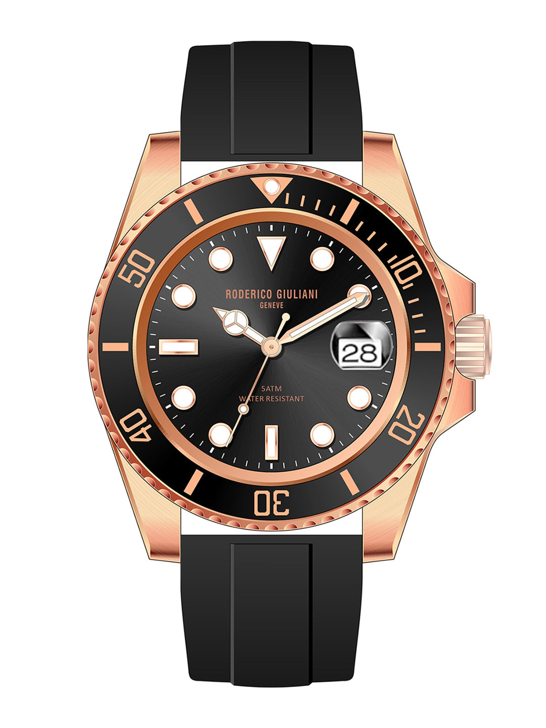 Black Dial Black Bezel Rose Gold Case Silicone Strap Men's Analog Watch