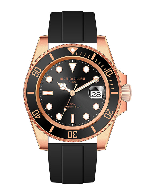 Black Dial Black Bezel Rose Gold Case Silicone Strap Men's Analog Watch