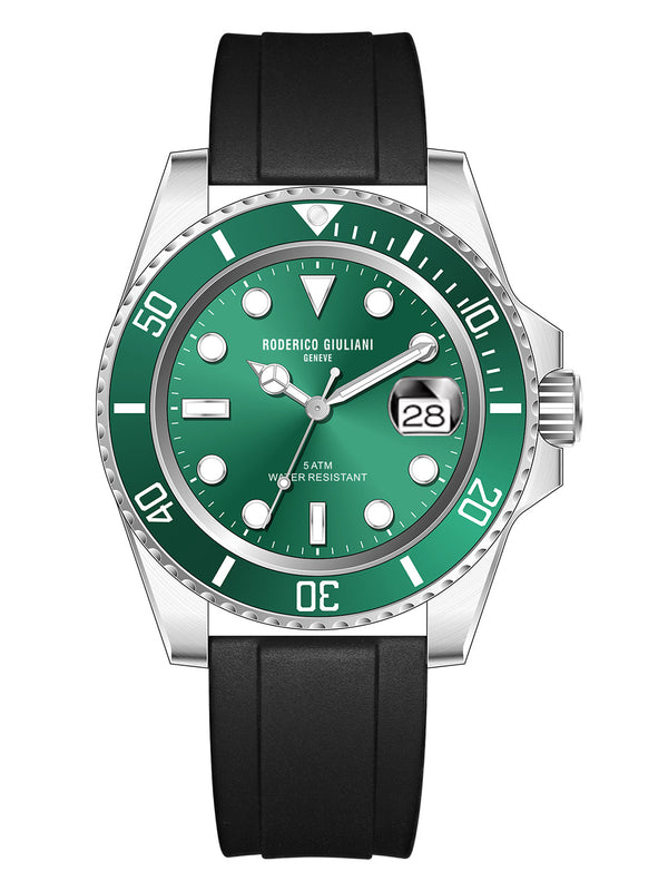 Green Dial Green Bezel Silver Case Silicone Strap Men's Analog Watch