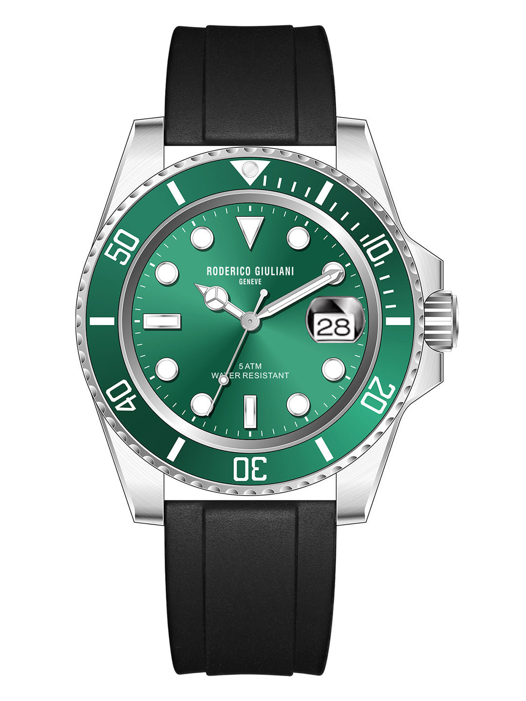 RODERICO GIULIANI ANALOG GREEN DIAL SILVER CASE GREEN BEZEL SILICONE STRAP MEN'S WATCH MSLA-7406
