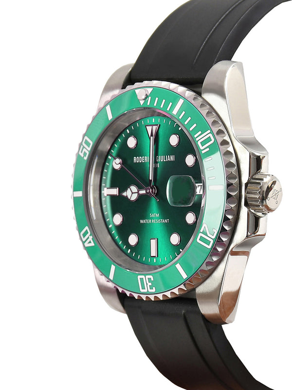 Green Dial Green Bezel Silver Case Silicone Strap Men's Analog Watch