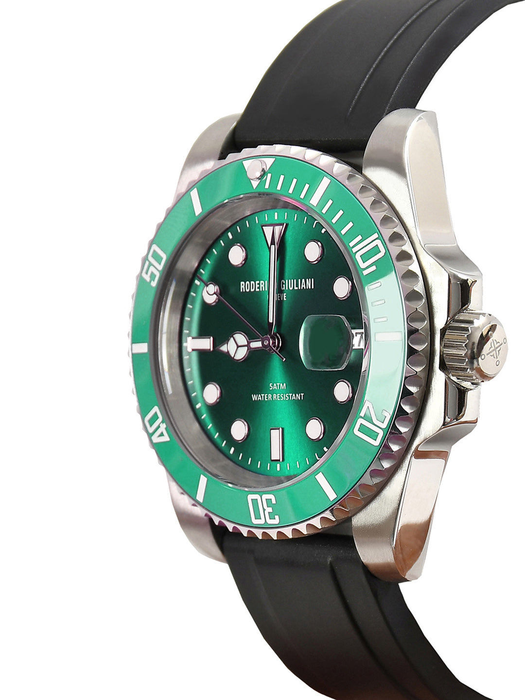 RODERICO GIULIANI ANALOG GREEN DIAL SILVER CASE GREEN BEZEL SILICONE STRAP MEN'S WATCH MSLA-7406