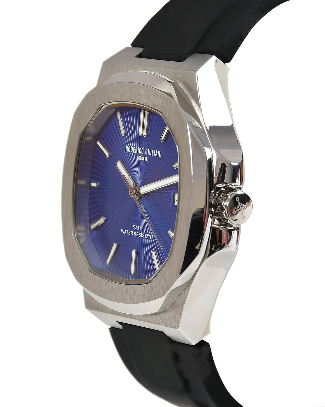 Blue Dial Silver Case Black Silicone Strap Men's Analog Watch