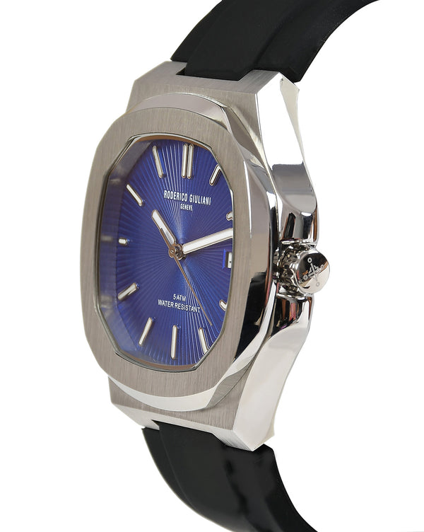 Blue Dial Silver Case Black Silicone Strap Men's Analog Watch