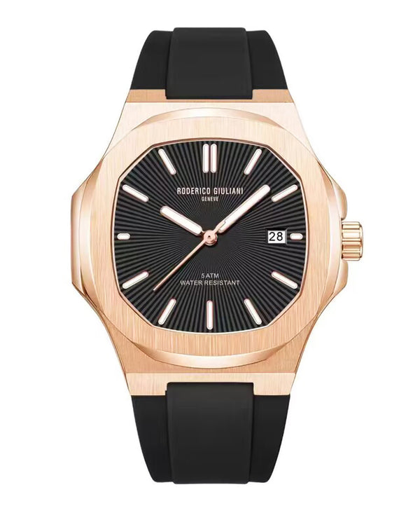 Black Dial Rose Gold Case Black Silicone Strap Men's Analog Watch