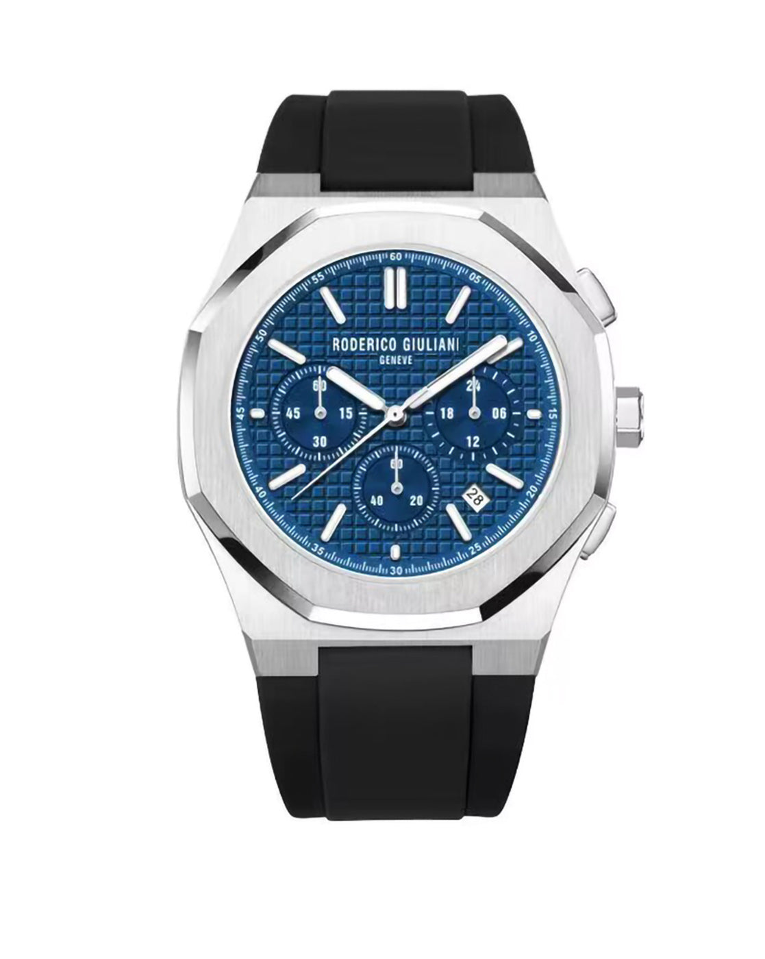 Blue Dial Silver Case Men's Chronograph Watch — Silicone Strap