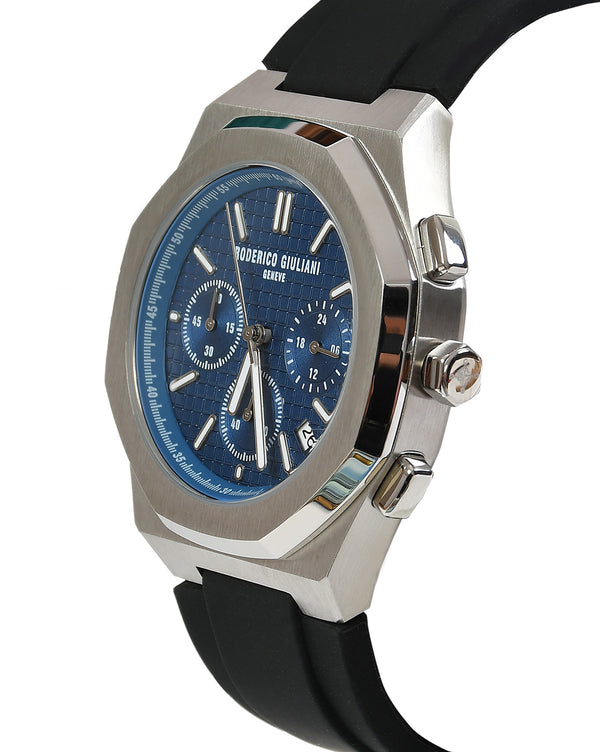 Blue Dial Silver Case Men's Chronograph Watch — Silicone Strap