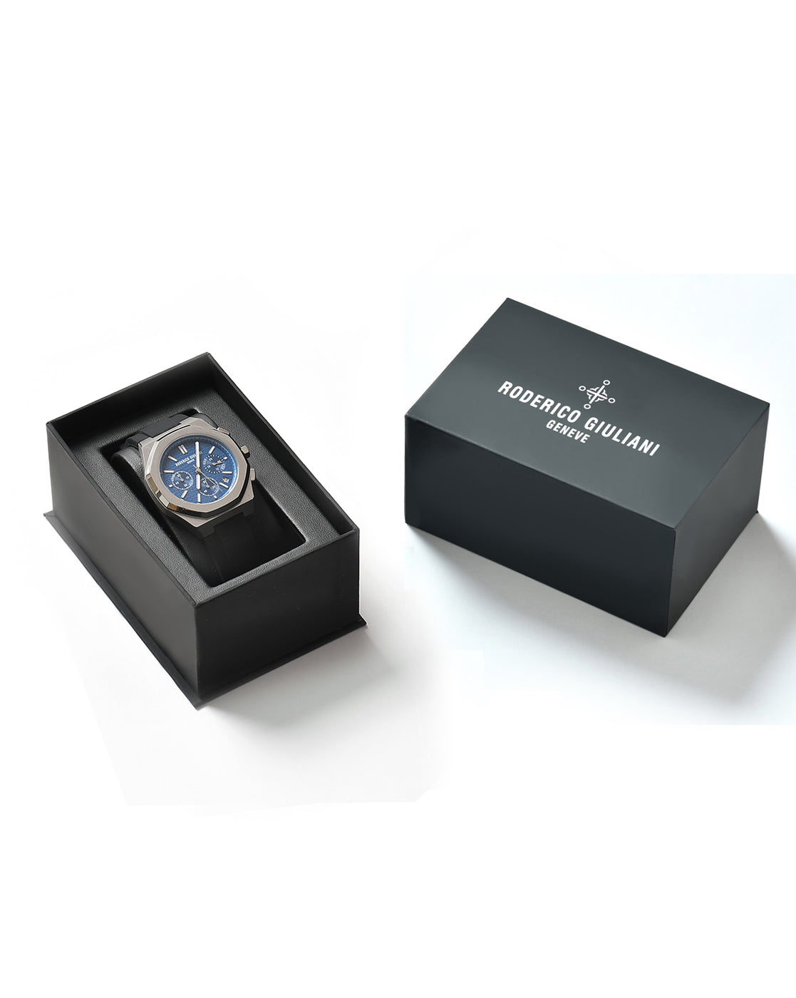 Blue Dial Silver Case Men's Chronograph Watch — Silicone Strap