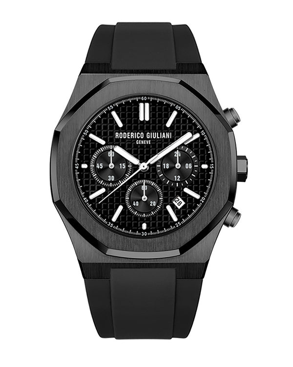 Black Dial Black Case Men's Chronograph Watch — Silicone Strap