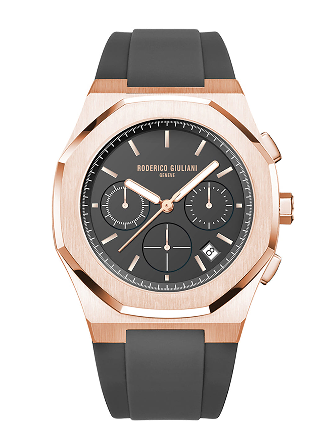 Black Dial Rose Gold Case Men's Chronograph Watch — Silicone Strap