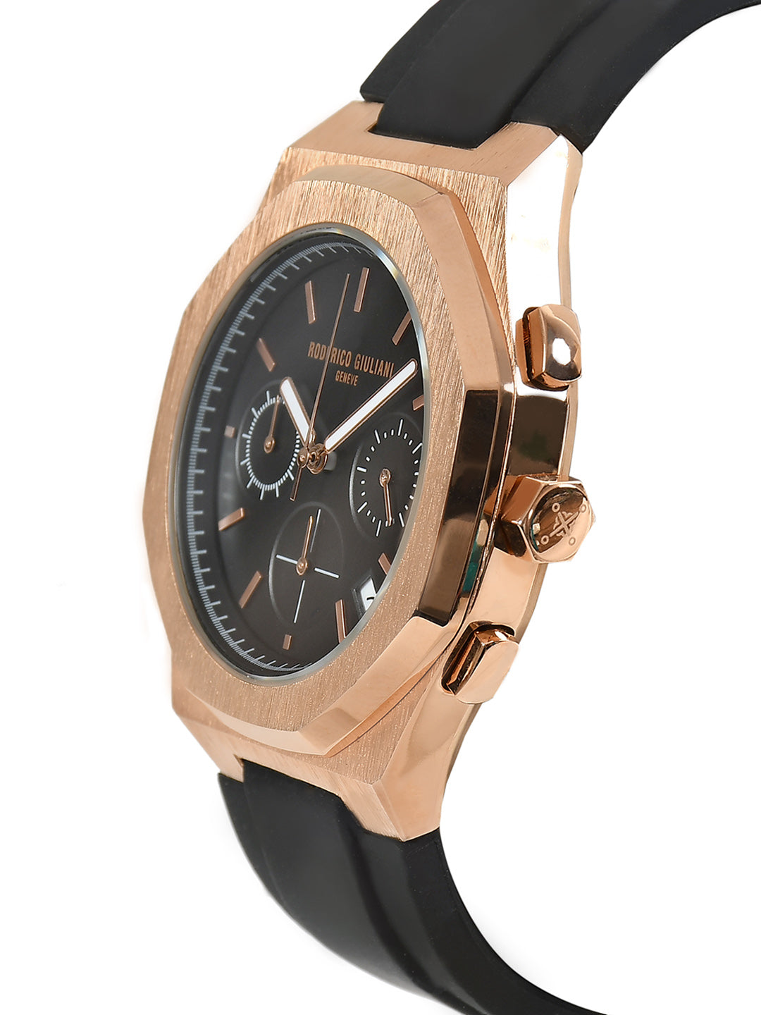 Black Dial Rose Gold Case Men's Chronograph Watch — Silicone Strap