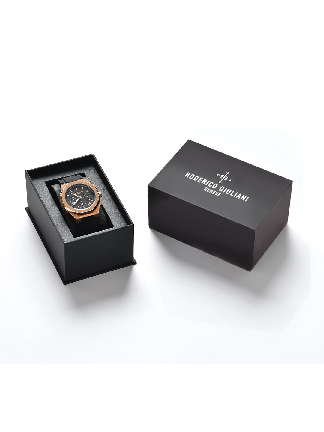 Black Dial Rose Gold Case Men's Chronograph Watch — Silicone Strap