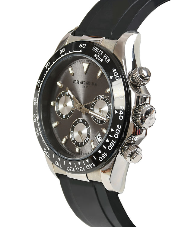 Grey Dial Silver Case Men's Chronograph Watch — Silicone Strap