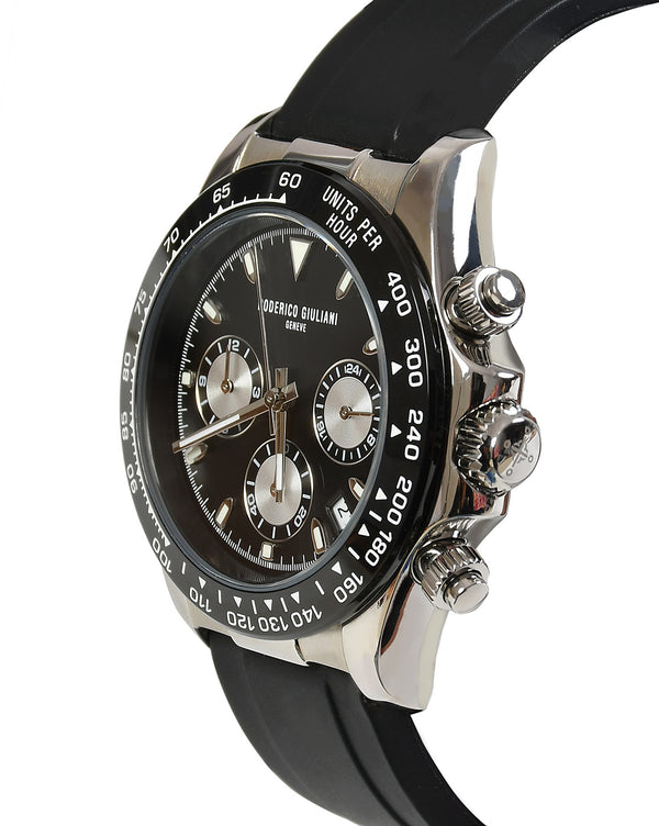 Black Dial Silver Case Men's Chronograph Watch — Silicone Strap