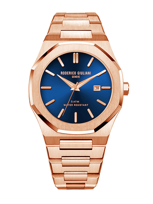Blue Dial Rose Gold Steel Bracelet Men's Analog Watch