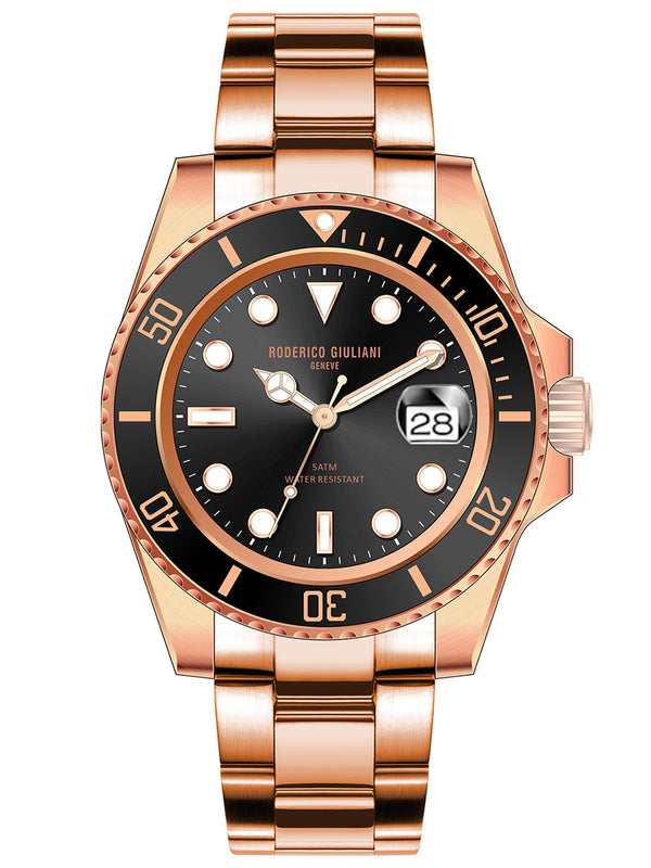 Black Dial Black Bezel Rose Gold Steel Bracelet Men's Analog Watch