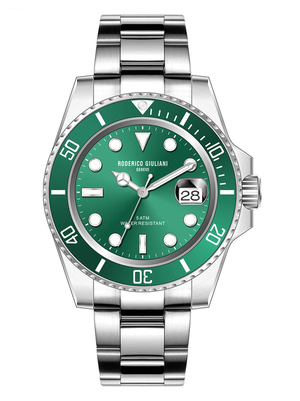 Green Dial Green Bezel Silver Steel Bracelet Men's Analog Watch