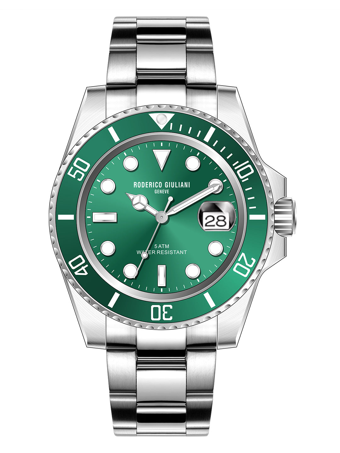 RODERICO GIULIANI ANALOG GREEN DIAL SILVER CASE GREEN BEZEL STEEL BRACELET MEN'S WATCH MSTA-7406