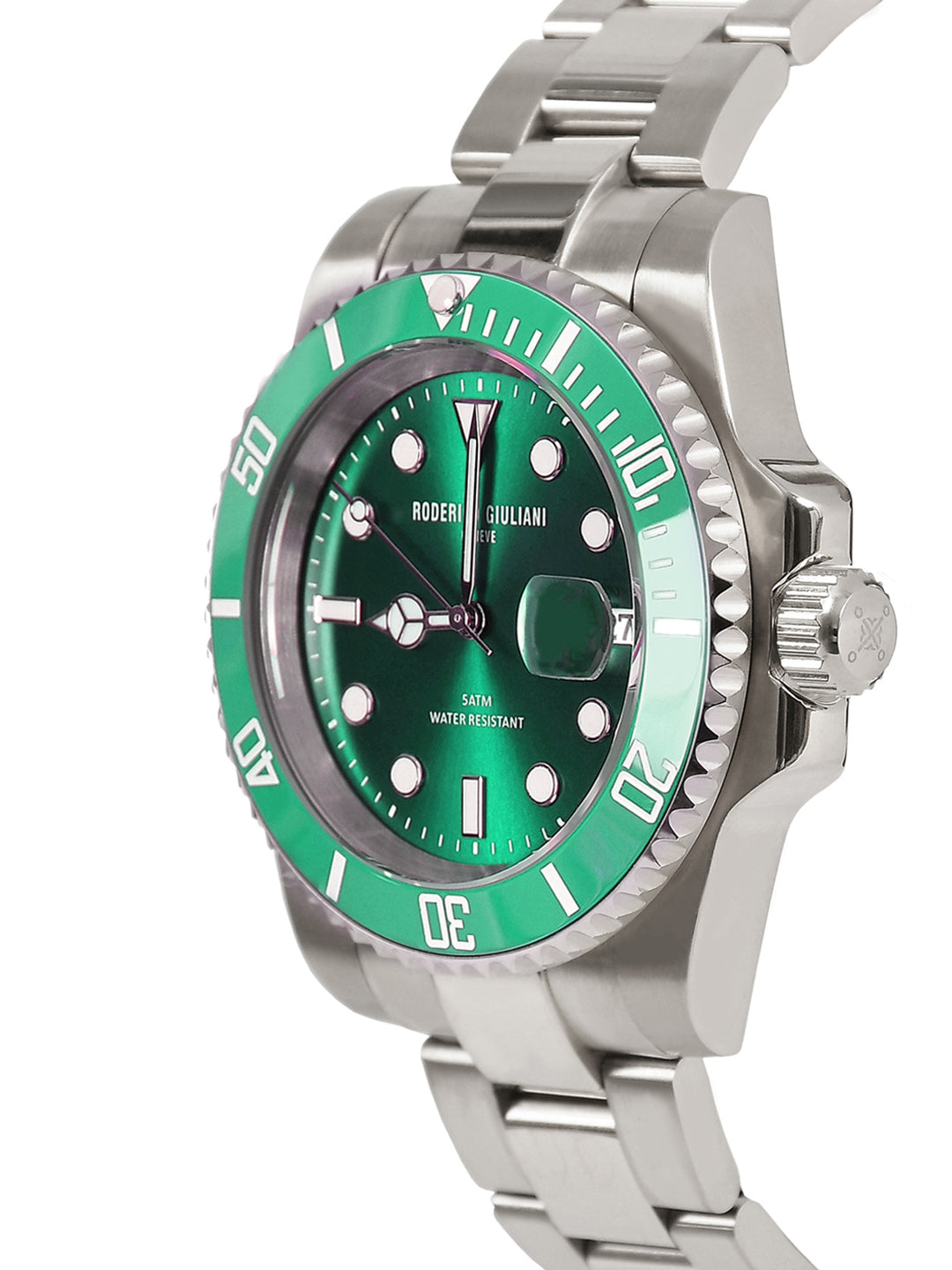 RODERICO GIULIANI ANALOG GREEN DIAL SILVER CASE GREEN BEZEL STEEL BRACELET MEN'S WATCH MSTA-7406