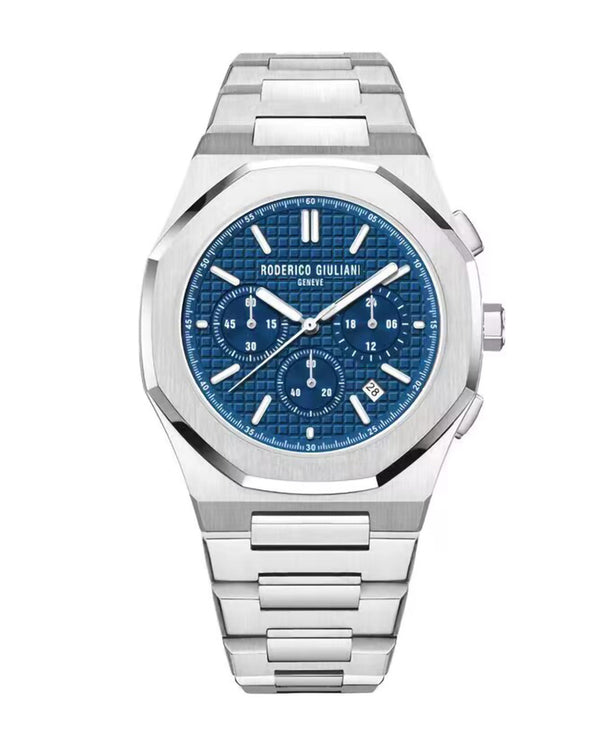 Blue Dial Silver Case Men's Chronograph Watch — Steel Bracelet