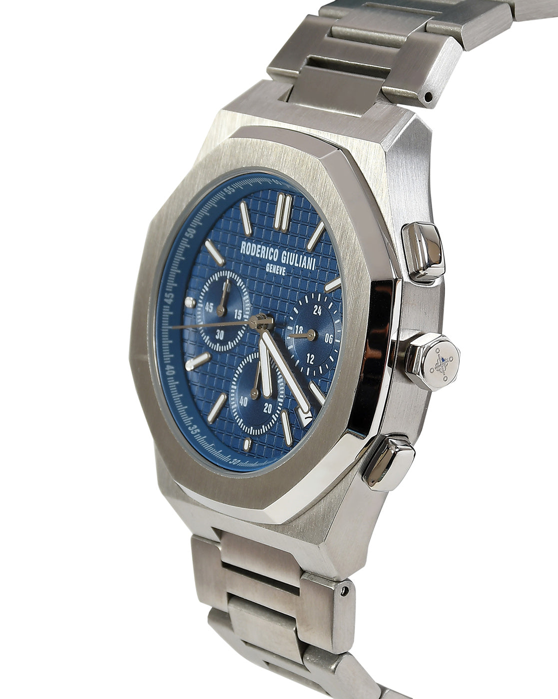 Blue Dial Silver Case Men's Chronograph Watch — Steel Bracelet