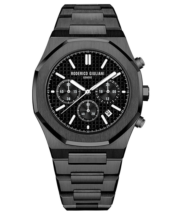 Black Dial Black Case Men's Chronograph Watch — Steel Bracelet