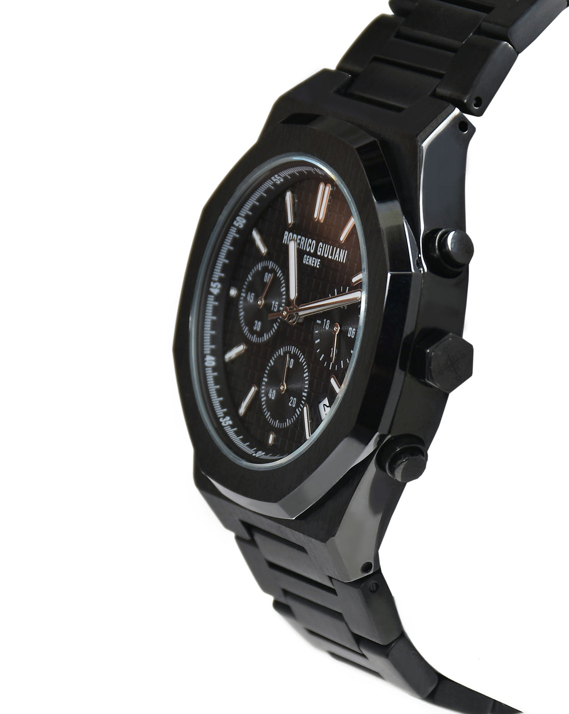 Black Dial Black Case Men's Chronograph Watch — Steel Bracelet