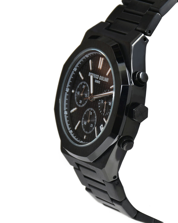 Black Dial Black Case Men's Chronograph Watch — Steel Bracelet