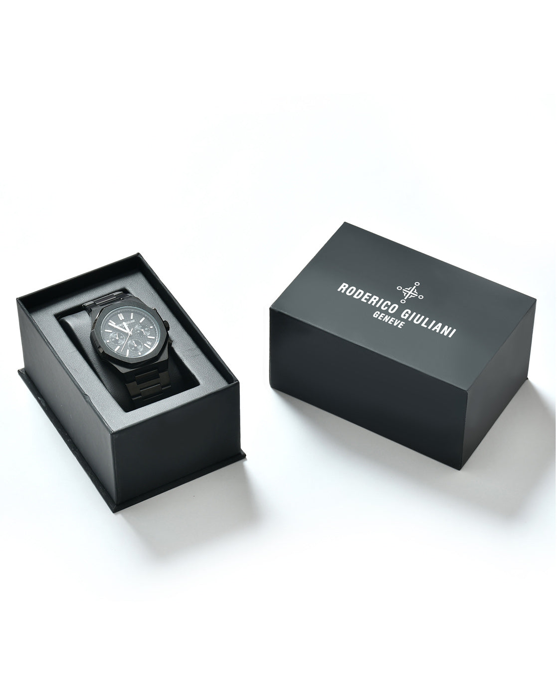 Black Dial Black Case Men's Chronograph Watch — Steel Bracelet