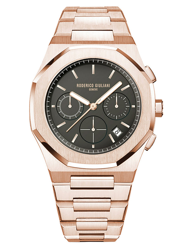 Black Dial Rose Gold Case Men's Chronograph Watch — Steel Bracelet