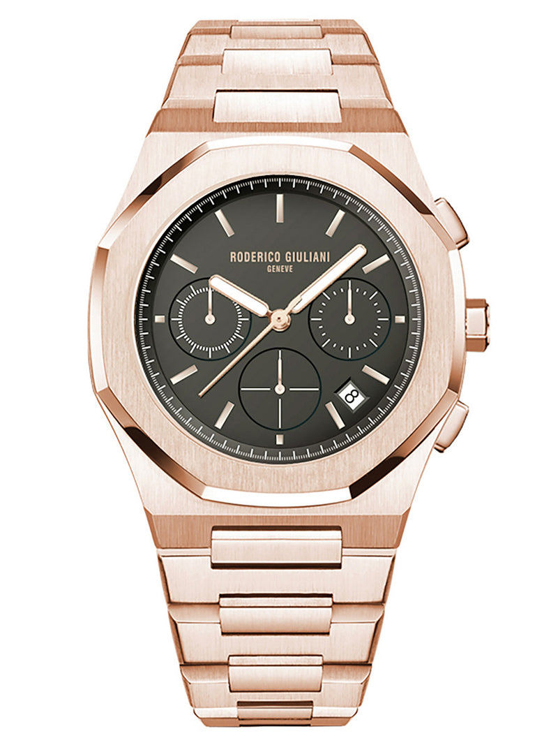 Black Dial Rose Gold Case Men's Chronograph Watch — Steel Bracelet
