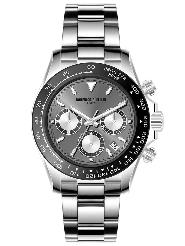 Grey Dial Silver Case Men's Chronograph Watch — Steel Bracelet