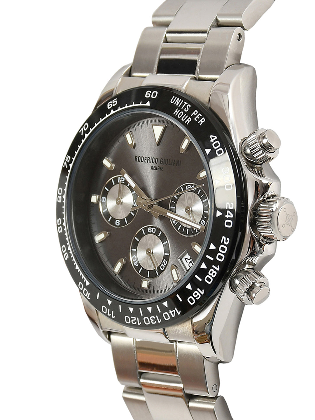 Grey Dial Silver Case Men's Chronograph Watch — Steel Bracelet