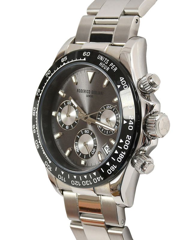 Grey Dial Silver Case Men's Chronograph Watch — Steel Bracelet