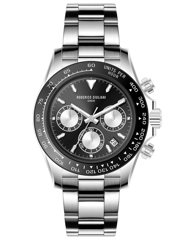 Black Dial Silver Case Men's Chronograph Watch — Steel Bracelet
