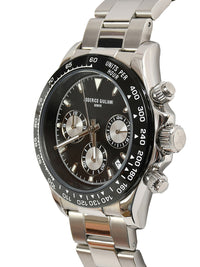 Black Dial Silver Case Men's Chronograph Watch — Steel Bracelet
