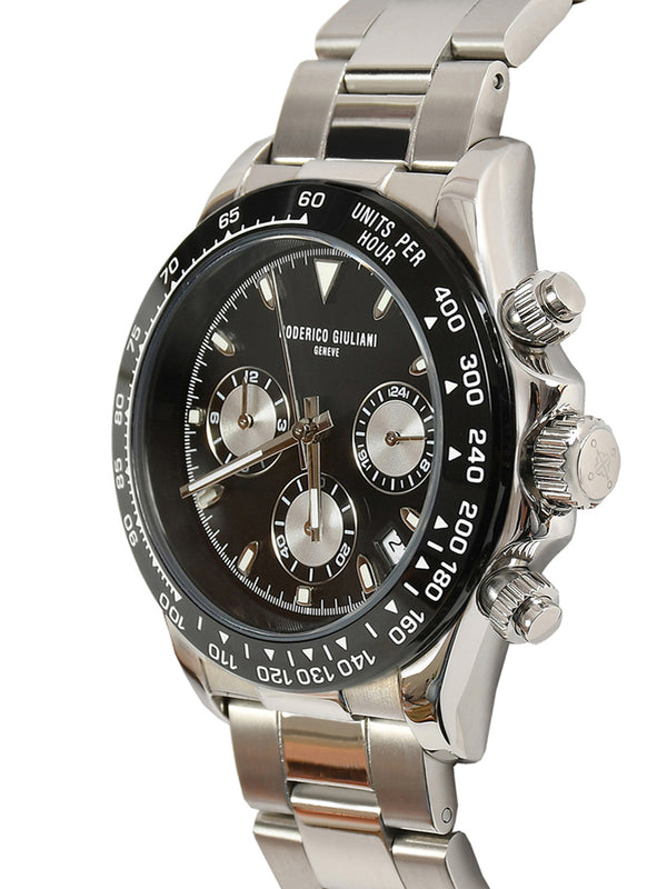 Black Dial Silver Case Men's Chronograph Watch — Steel Bracelet